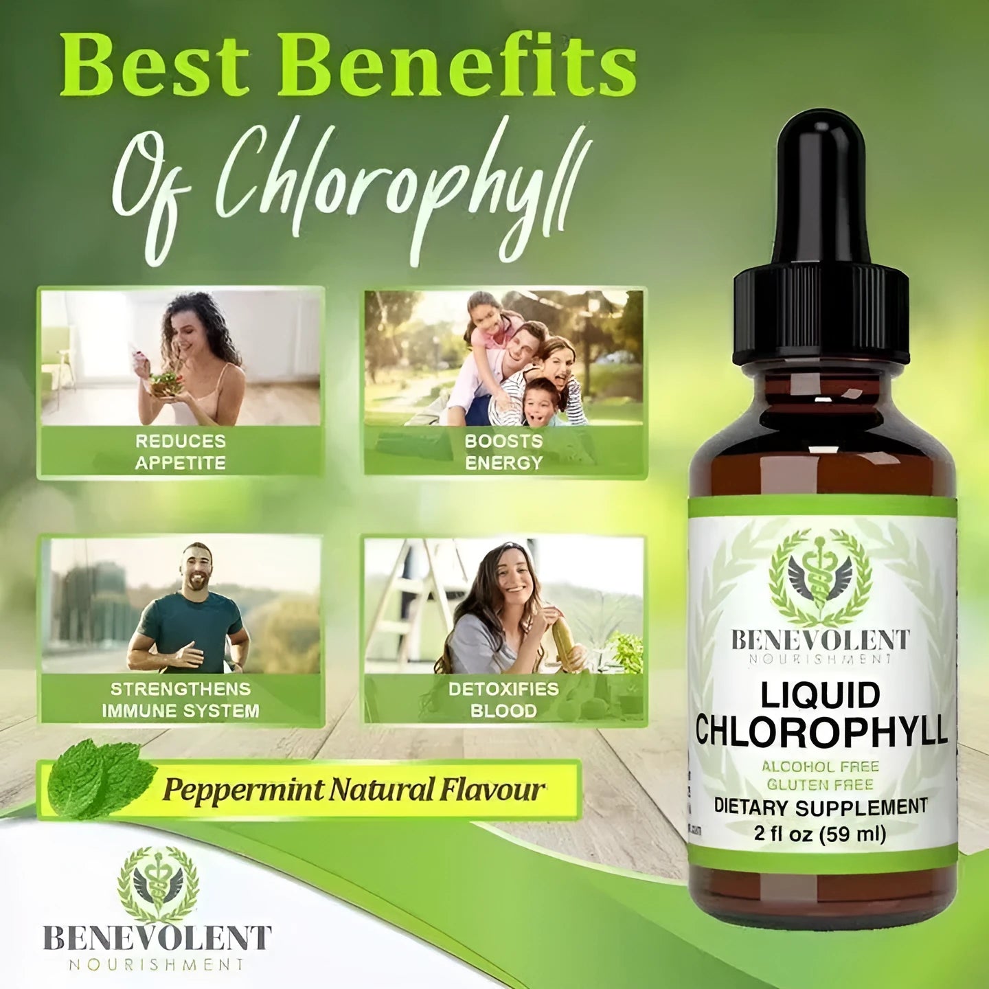 60ml bottle of natural chlorophyll drops with dropper for intestinal care and body odor support