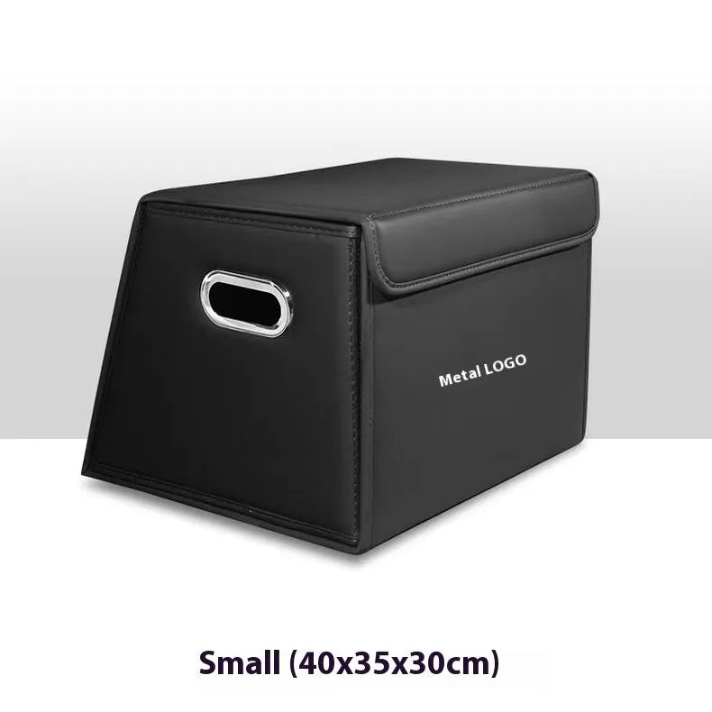 Folding car trunk storage organiser in waterproof leather, available in black, brown, and wine red colours with medium and small size options.