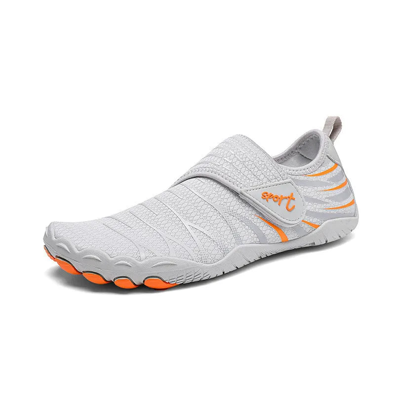 Pair of men and women outdoor wading shoes with mesh upper and rubber sole in black