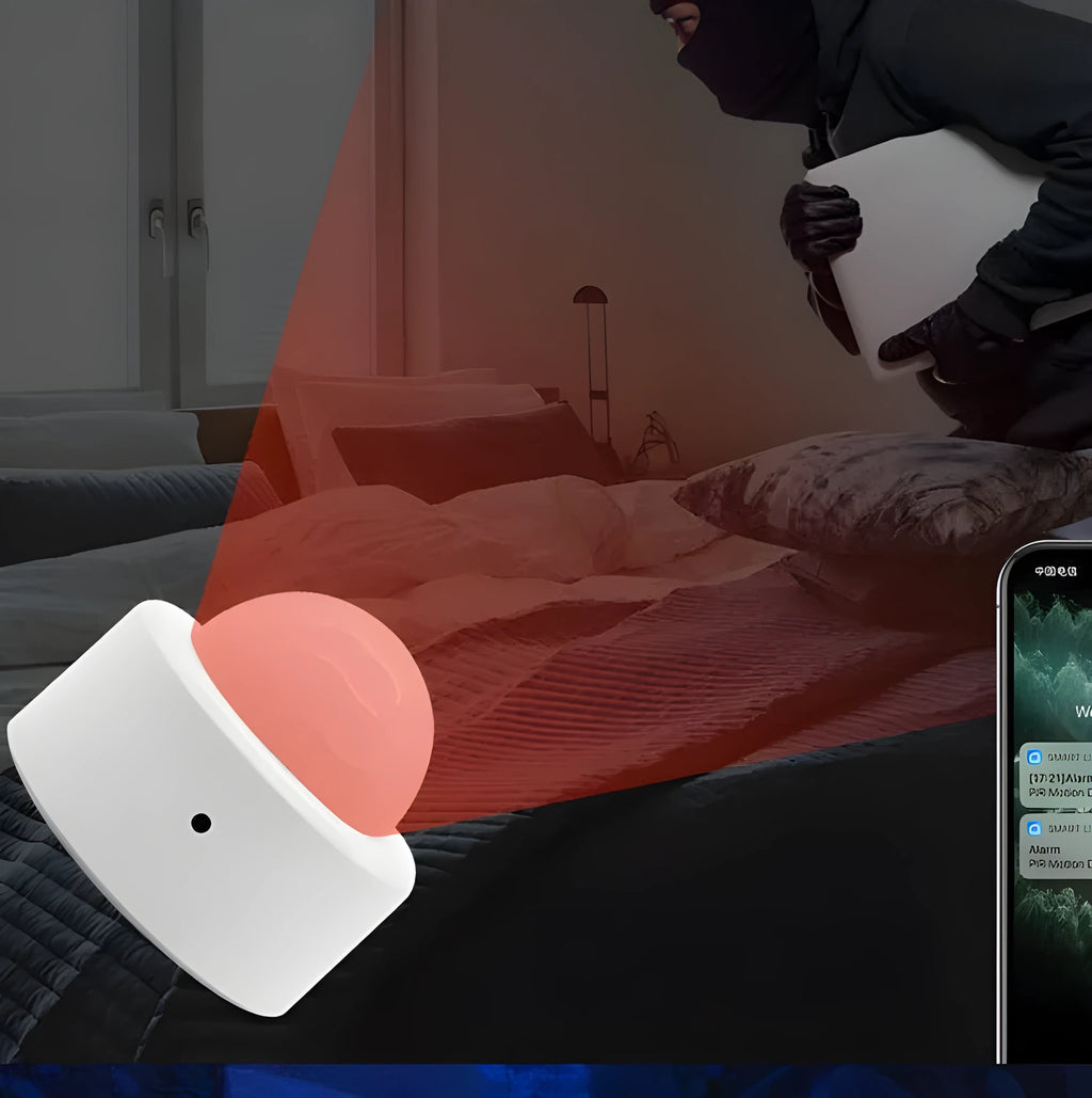 White wireless infrared body sensor with ZigBee 3.0 connectivity for home automation