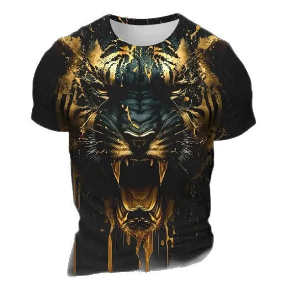 Men's grey T-shirt with a detailed 3D tiger head graphic printed on the front.
