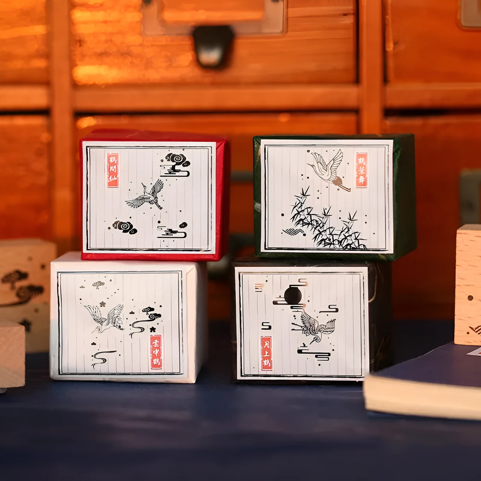 Wooden stamp with rubber printing surface featuring traditional Chinese crane design