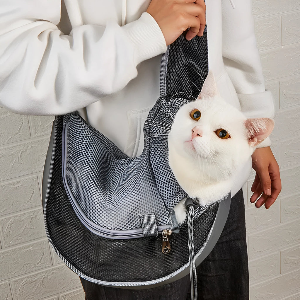 Soft polyester pet shoulder bag in solid colour with pet inside, available in small and large sizes