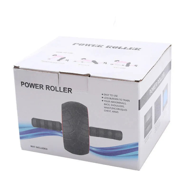 Black and red single-wheel abdominal muscle roller on a home exercise mat with dimensions 9x18x32.5 cm