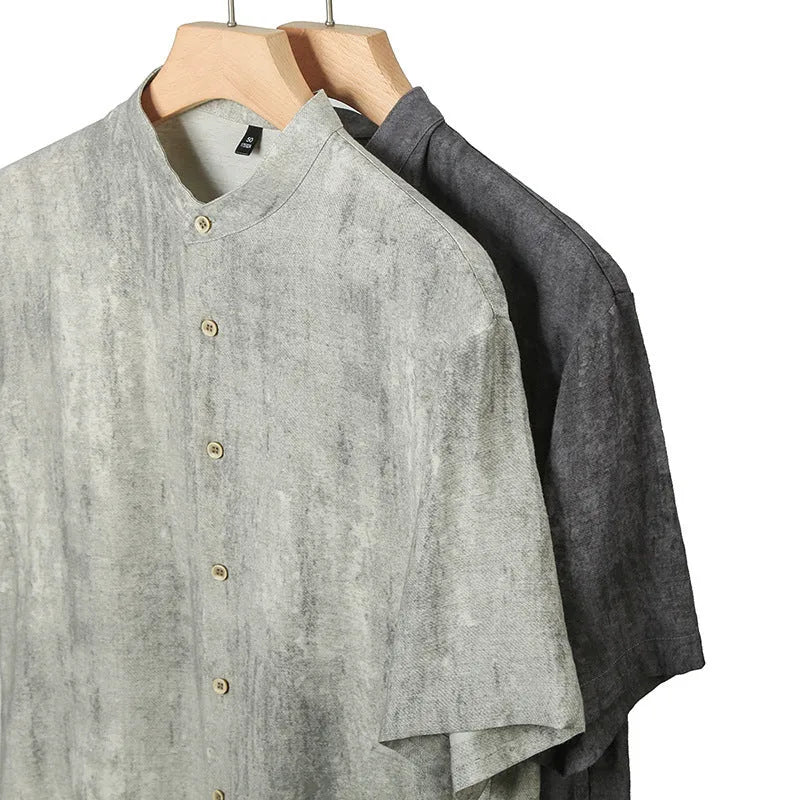 Men's loose fit linen cardigan shirt in grey colour with stand collar