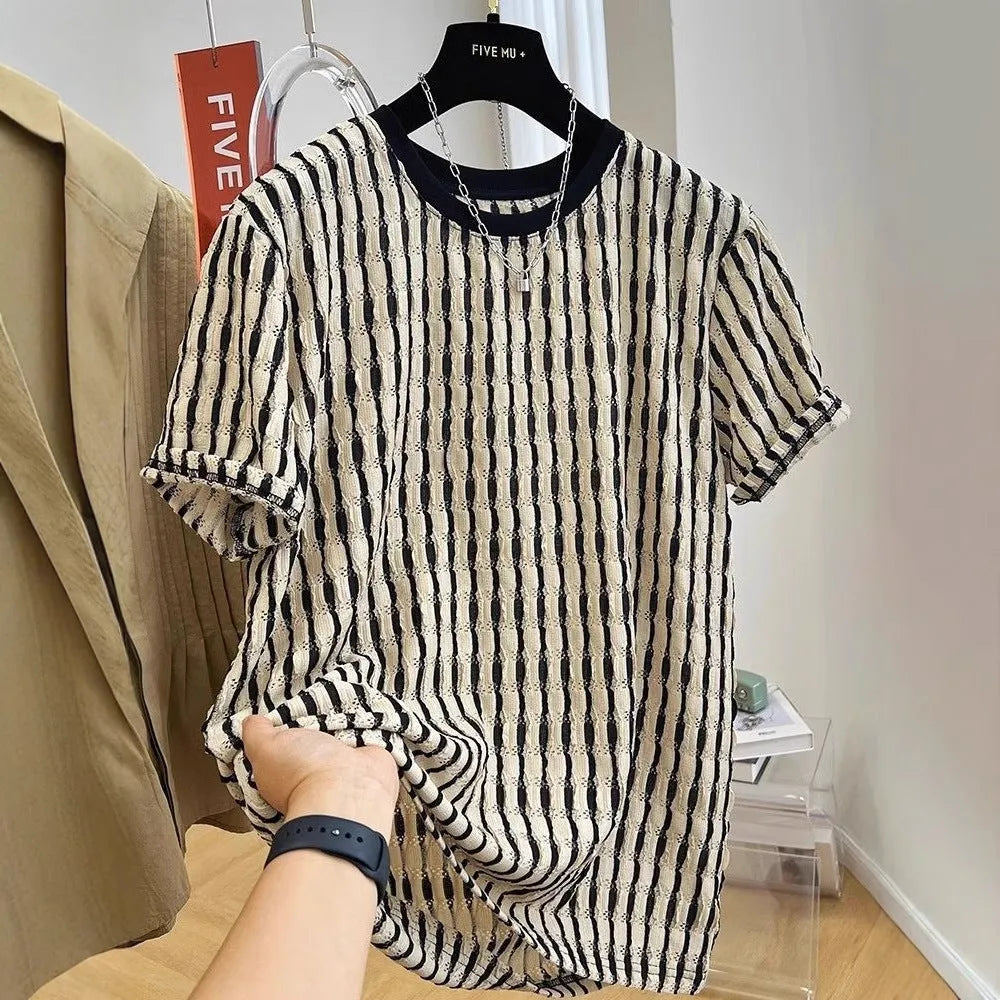 Men's black striped linen shirt with loose fit and short sleeves