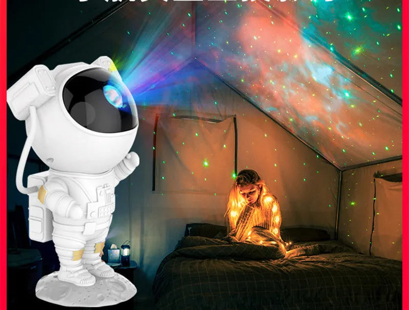 White astronaut-shaped projection night light with USB power and remote control, 120x113x228mm
