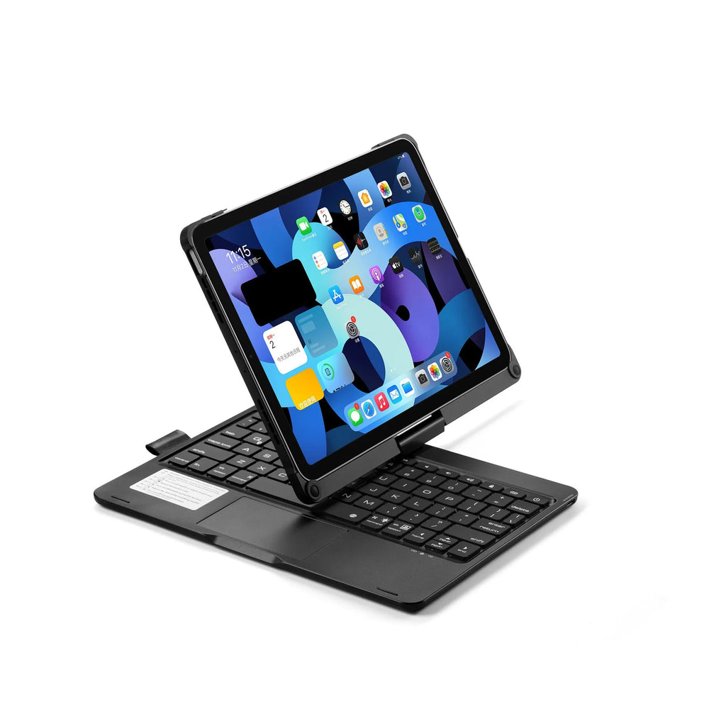Rotating Bluetooth keyboard with backlit keys next to an iPad tablet