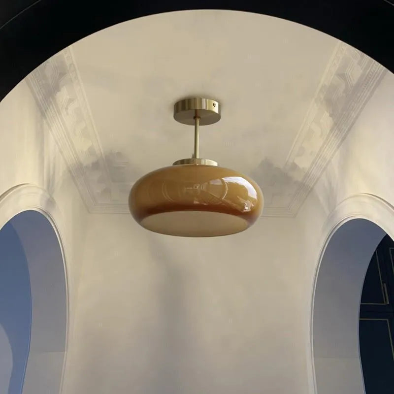 Milk white Bauhaus pendant light with three egg tart-shaped glass shades for bedroom or dining room