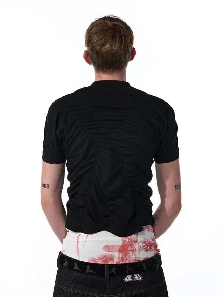 Black men's slim fit short sleeve shirt with printed design and round neck collar.