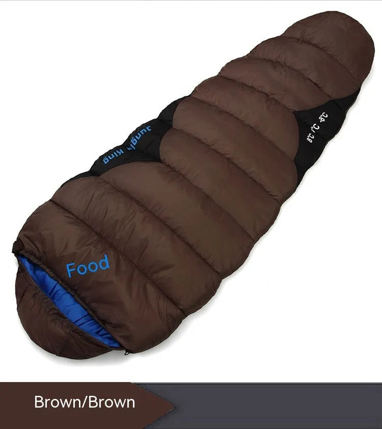 Army green mummy-style camping sleeping bag with compression sack, showing tapered design and zipper.
