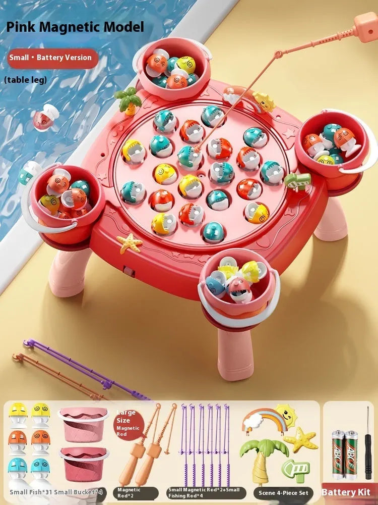 Baby educational magnetic fishing toy set with 8 poles, 4 barrels, and 31 colourful fish