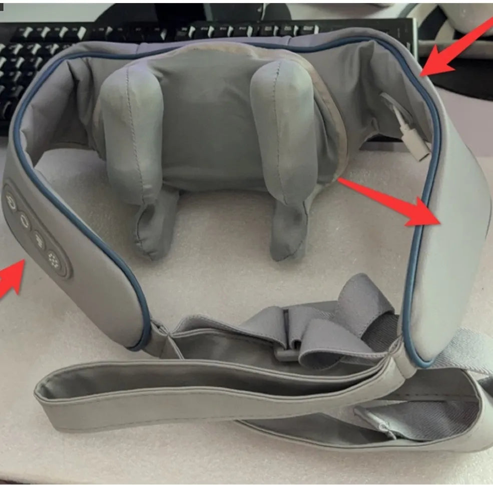 Gray USB-rechargeable neck and back massager with elastic fabric, shown with charging cable.