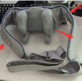 Gray USB-rechargeable neck and back massager with elastic fabric, shown with charging cable.