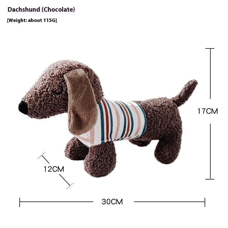 Bite-resistant squeaky dog plush toy in Sausage Dog Brown colour