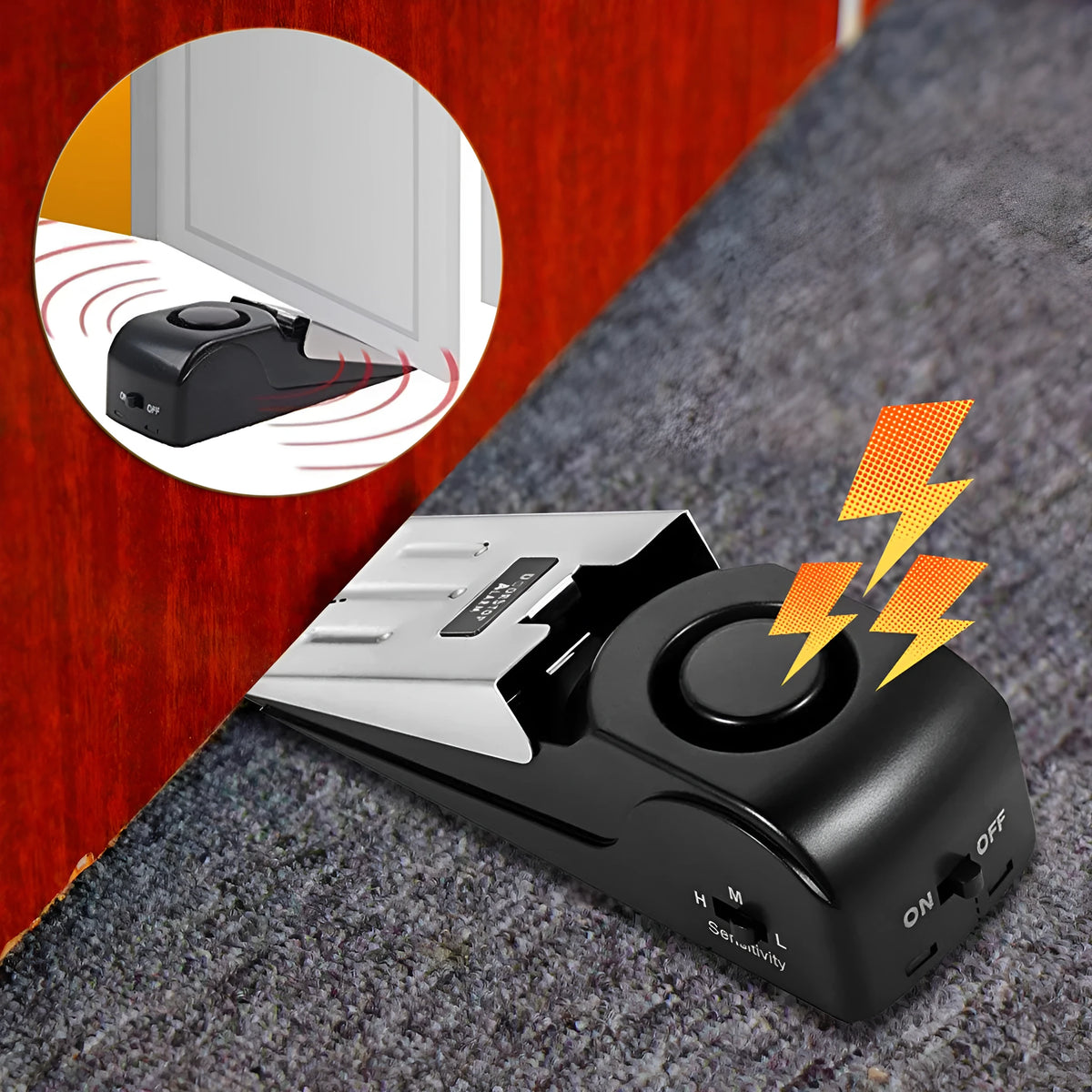 Black wedge door stop alarm with 120 dB siren, vibration sensor and stainless steel cover, for hinged doors