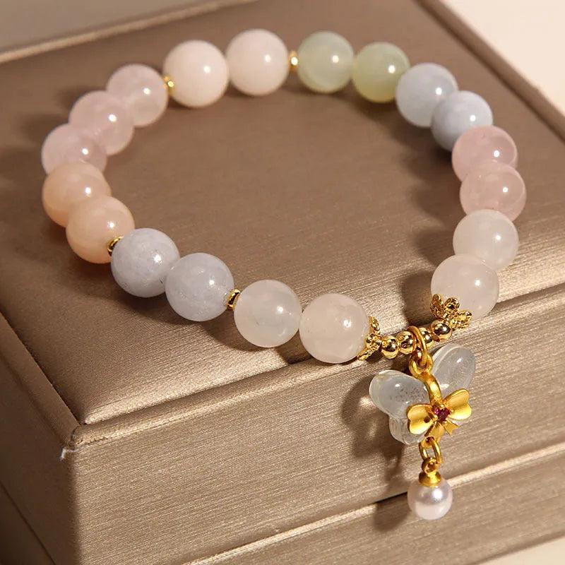 Women's adjustable crystal bracelet with colourful morganite butterfly pendant