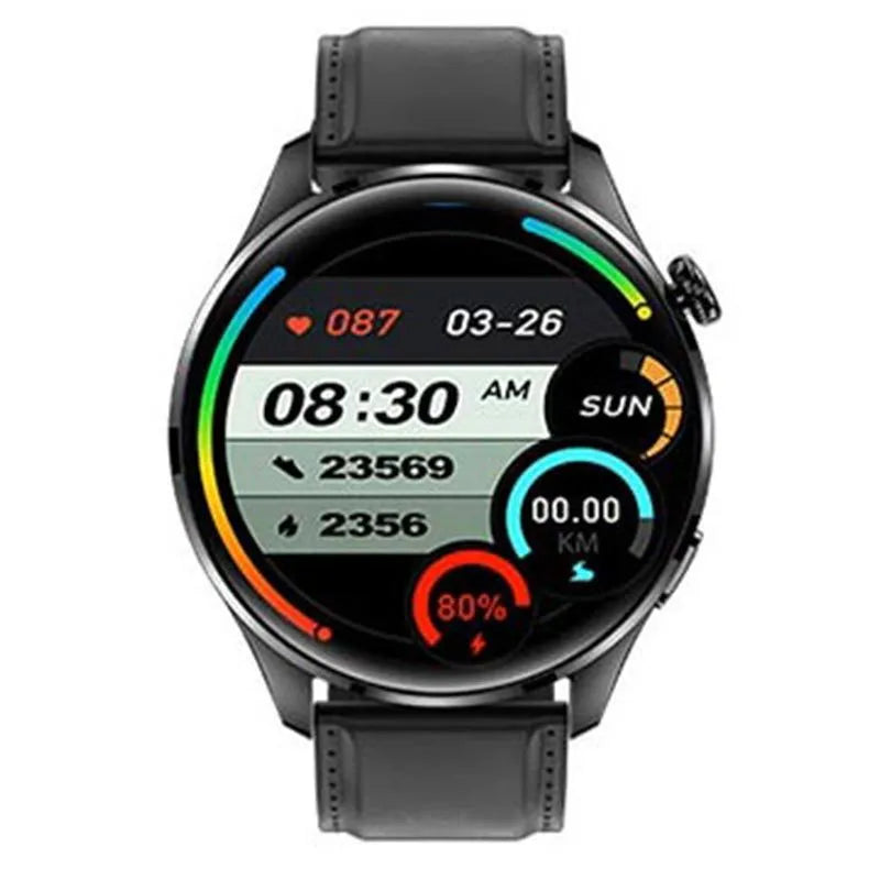 Black smartwatch with round colour screen on a silicone strap, showing calling interface.