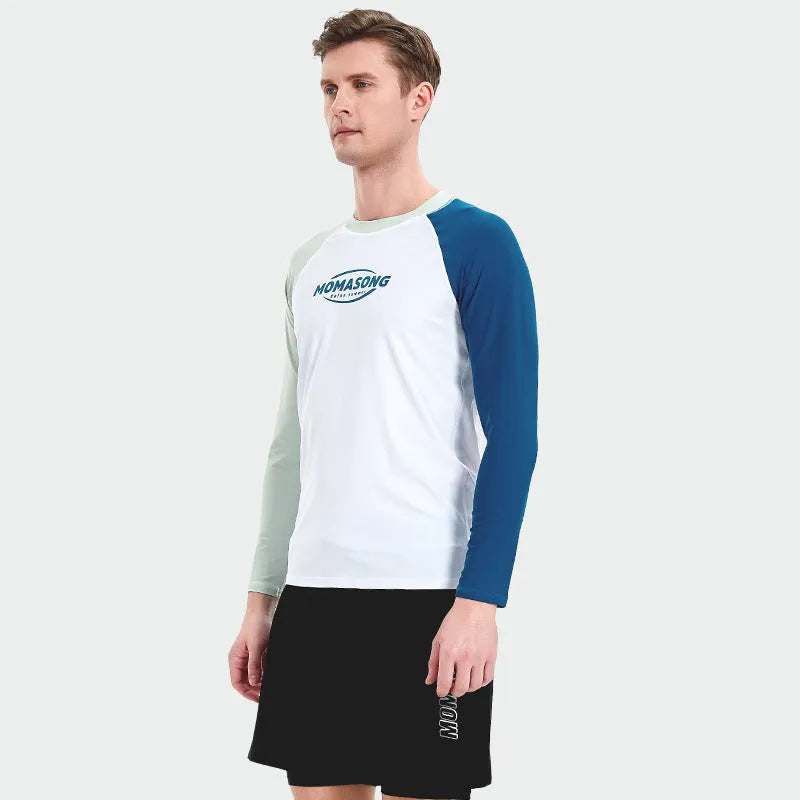 Men's white long sleeve swimsuit with matching trunks for sun protection during swimming and surfing
