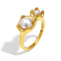 Gold stainless steel ring with bud imitation pearl flower geometry shape for women size options