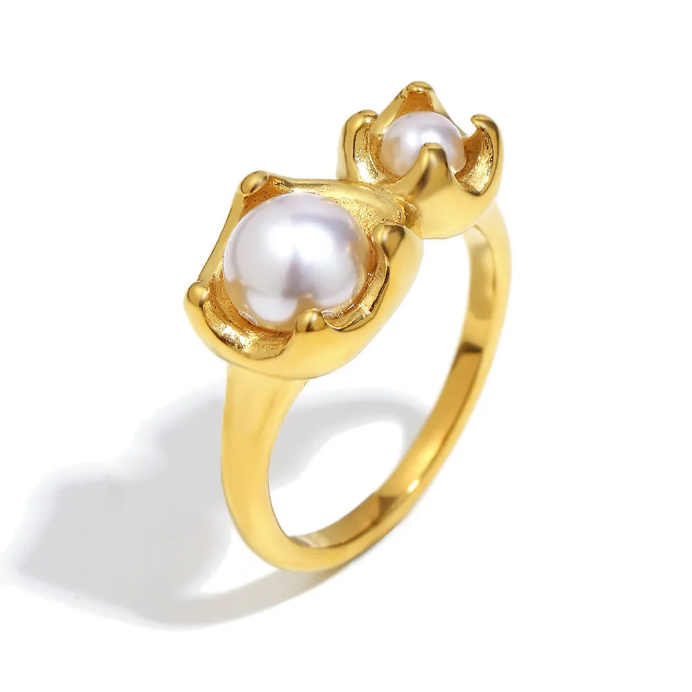 Gold stainless steel ring with bud imitation pearl flower geometry shape for women size options