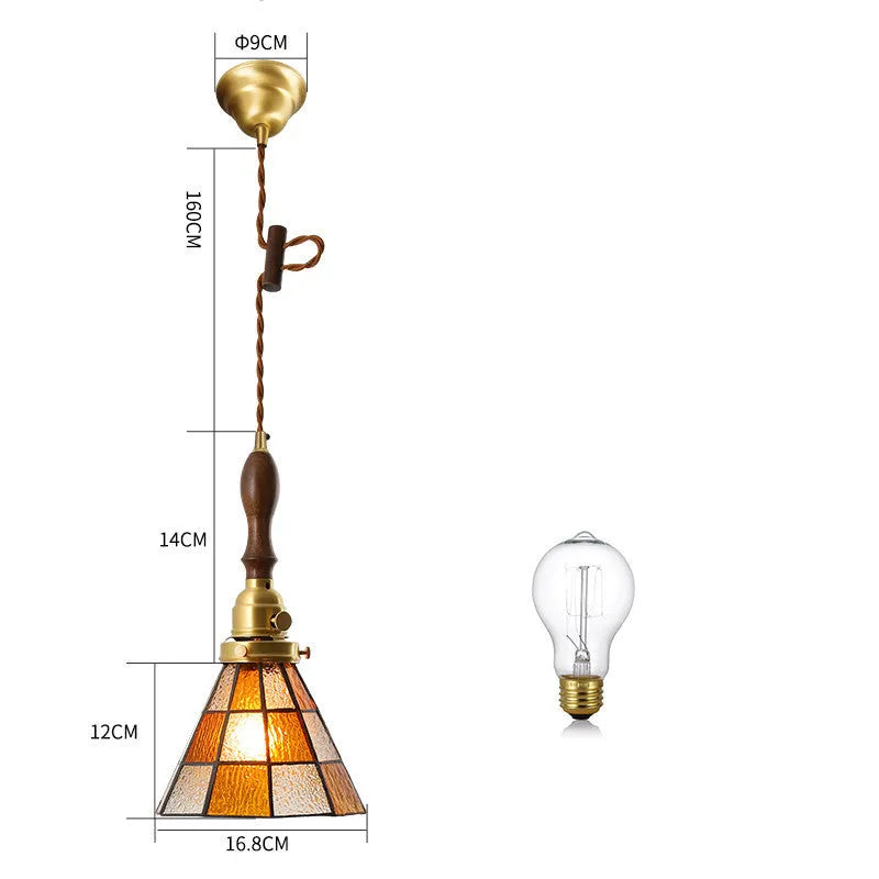 Japanese retro brass and glass chandelier with hand-blown shades and walnut ceiling plate