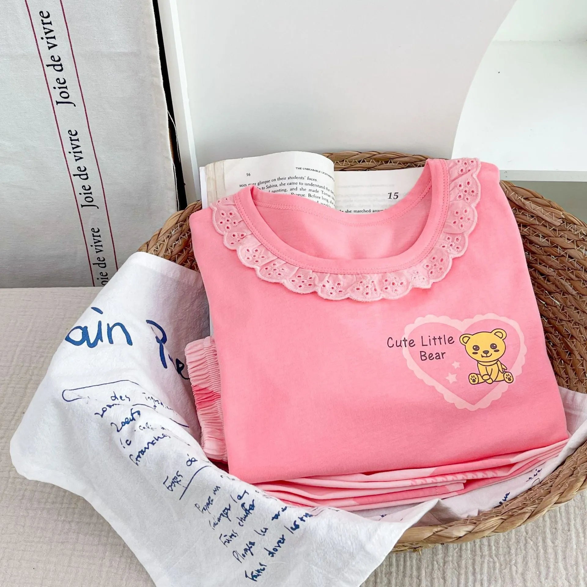 Girls cotton pyjama set with pink cartoon rabbit print, summer homewear, suitable for height 110-170cm