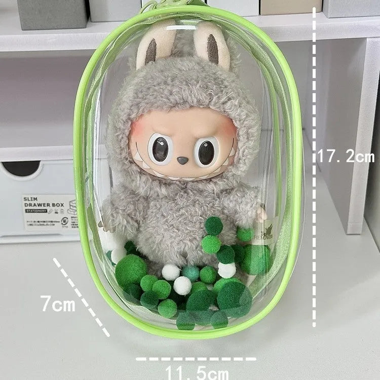 Transparent 17cm PVC cube storage bag for doll drying and travel organisation in avocado green.