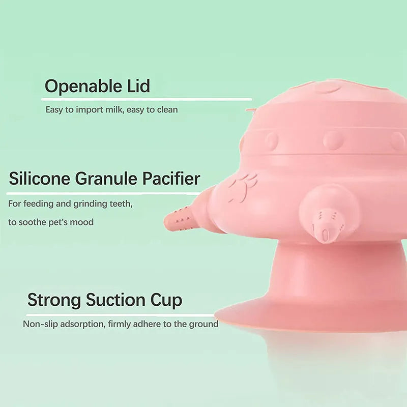 Pink silicone pet nursing bottle with milk bowl and pacifier for puppies and kittens