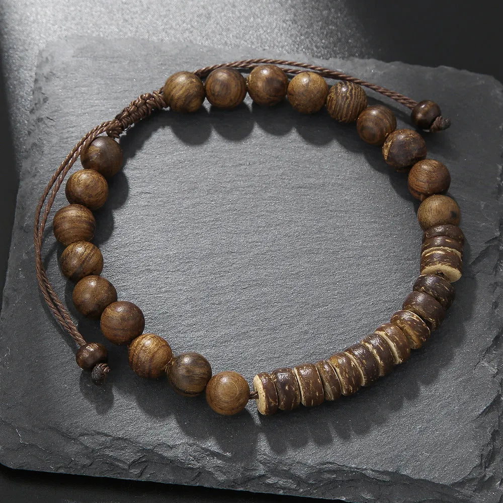 Hand-woven unisex wood bracelet with turquoise accents and totem pattern