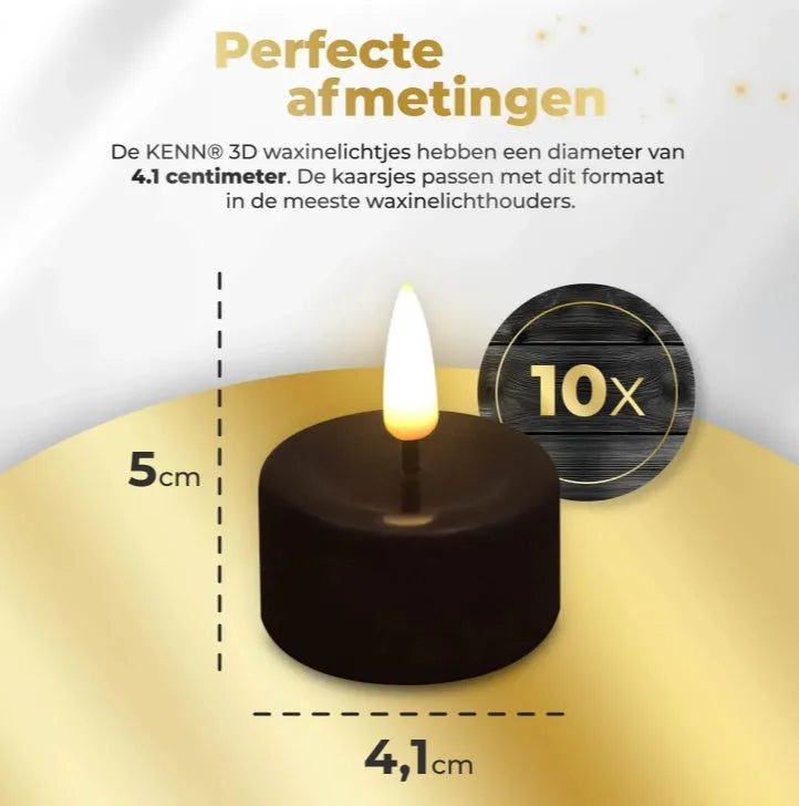 Set of four black S10 LED tealight candles showing flickering flame effect.