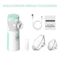 White neutral SY308 portable compressed micro-mesh nebulizer with bilateral masks and power cord on flat surface