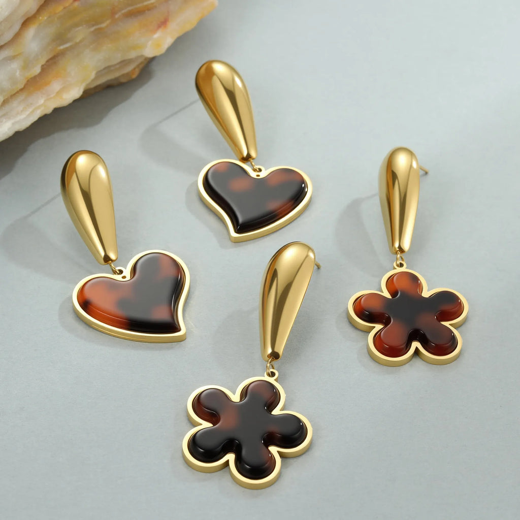 Tortoiseshell resin hawksbill colour earrings with 18K gold plating on stainless steel in heart-shaped and floral geometric designs
