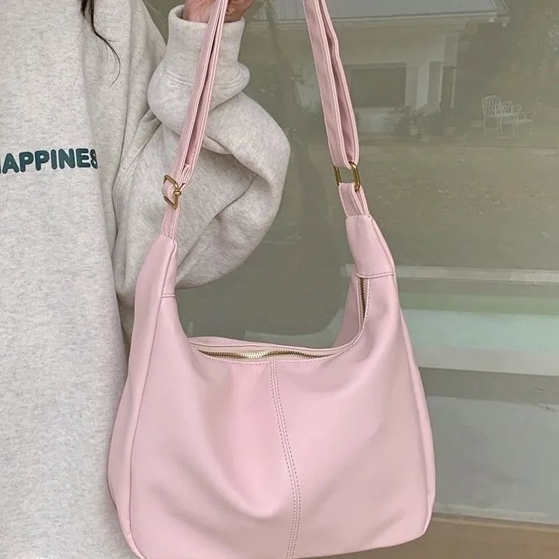 Corduroy shoulder bag 22x30x10cm in pink with PU lining and sewing thread detail, retro Korean style for leisure travel