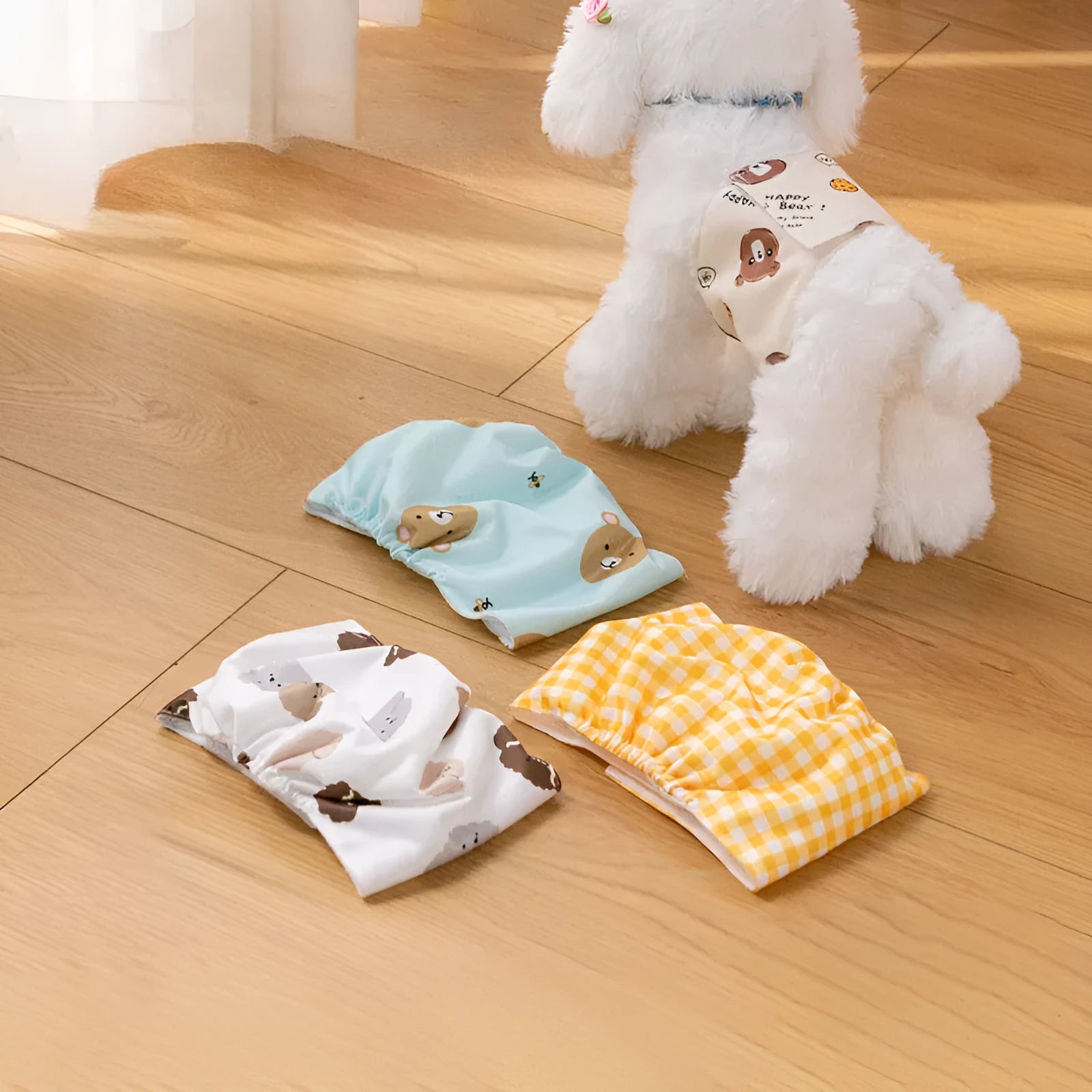 Reusable male dog diaper belly band wrap with cartoon bone paw print design and elastic waistband