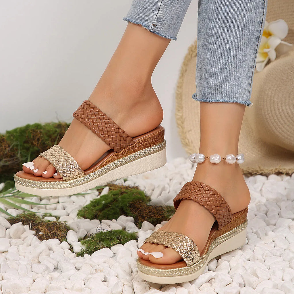 Women's gold plus size wedge sandals with adjustable strap and rubber wedge sole