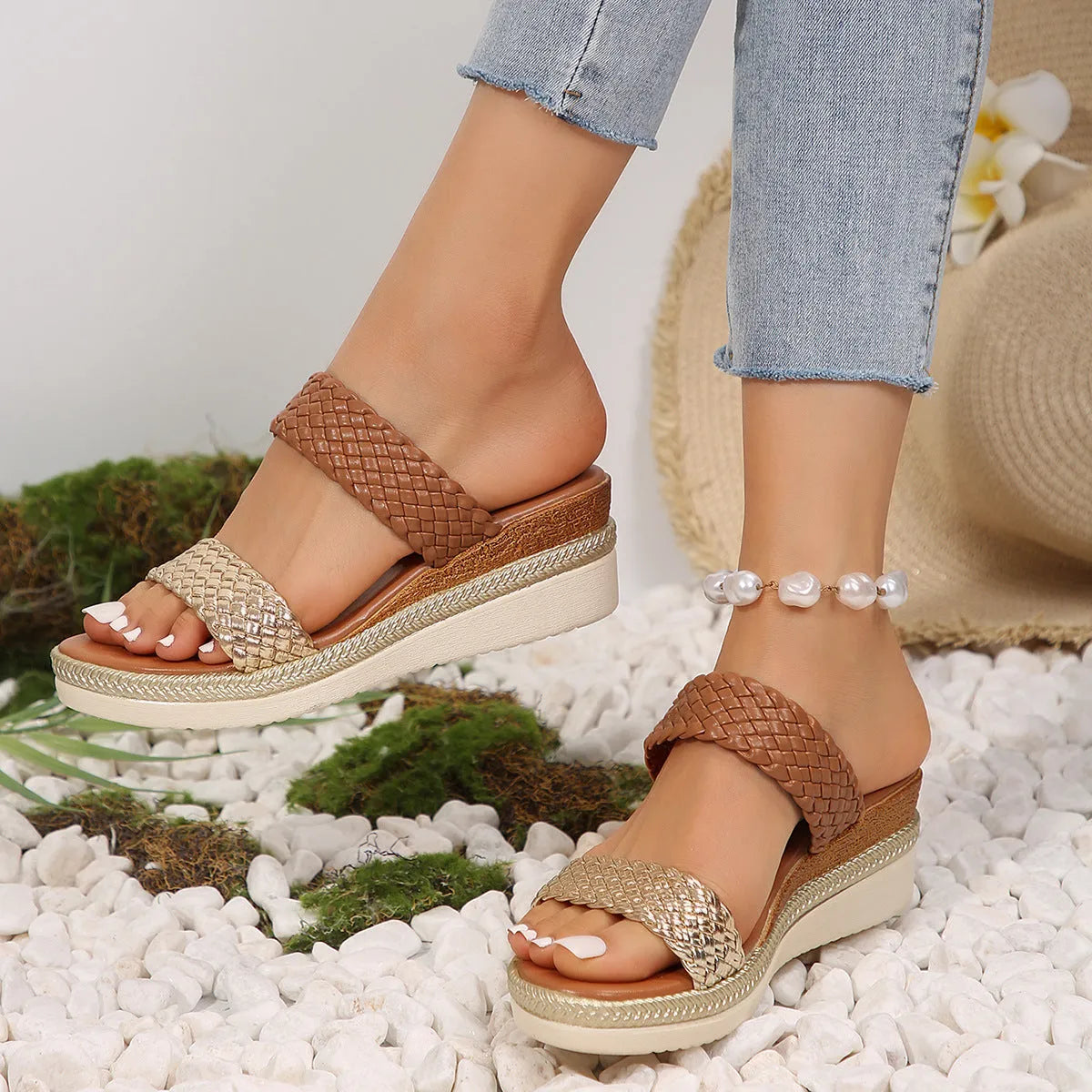 Women's gold plus size wedge sandals with adjustable strap and rubber wedge sole