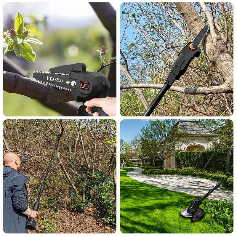Hand-held electric pruning saw in black with 8-inch bar and manganese steel chain for garden use