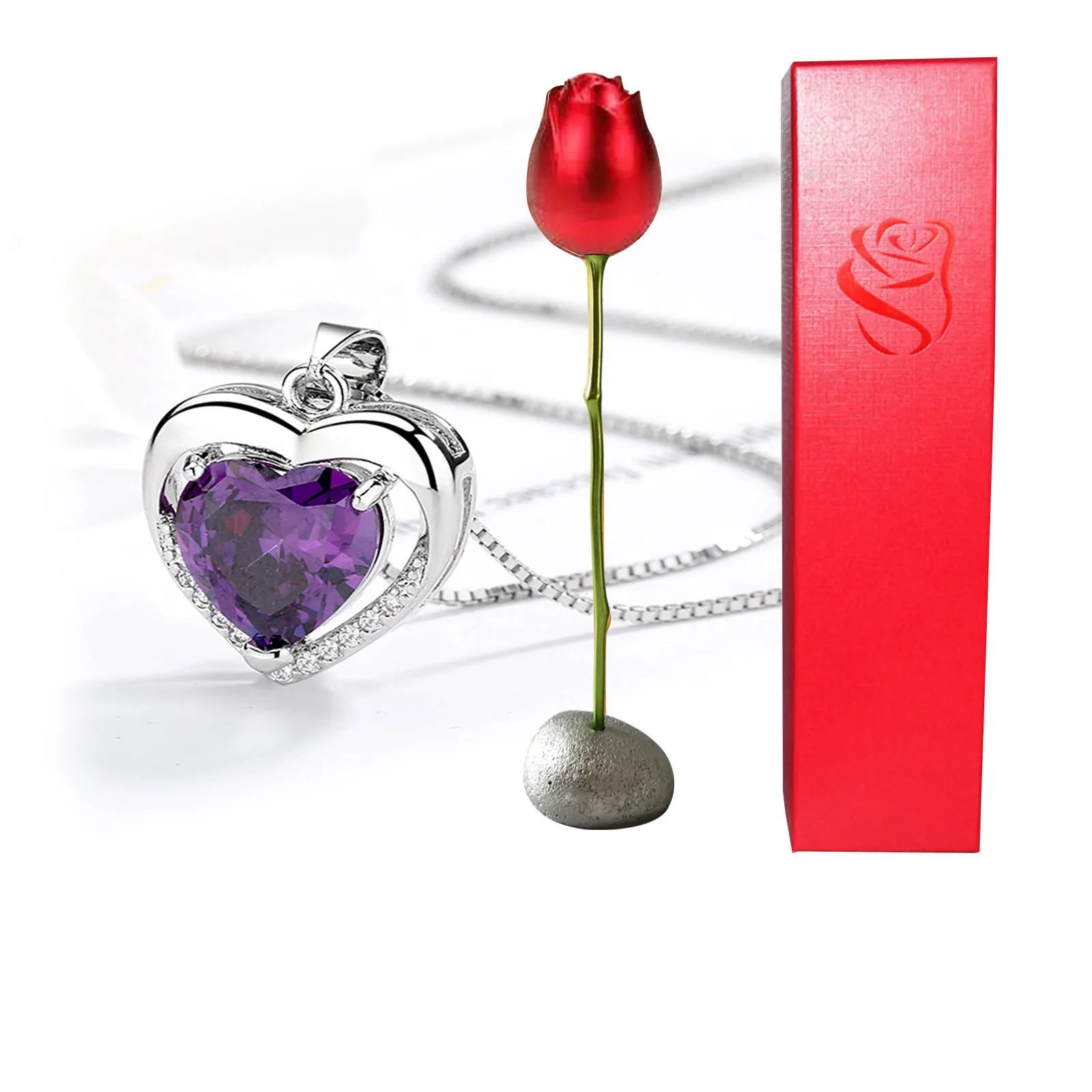 Heart-shaped crystal diamond rose pendant necklace in copper with electroplated finish, rose box packaging