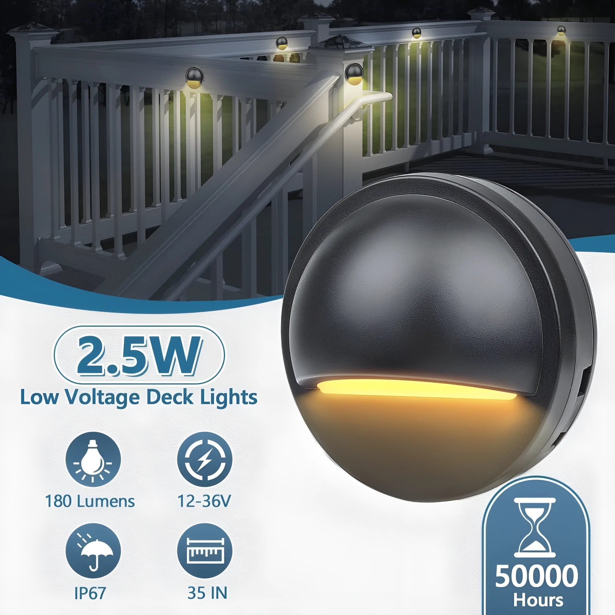 Platinum-coloured low voltage outdoor step light with IP67 rating for garden pathways.