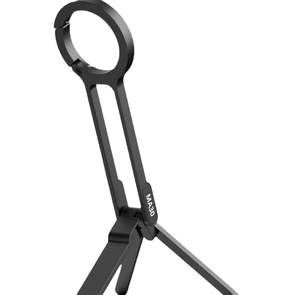 Portable phone holder with black climbing button carabiner on grey background, aluminium alloy and silicone construction