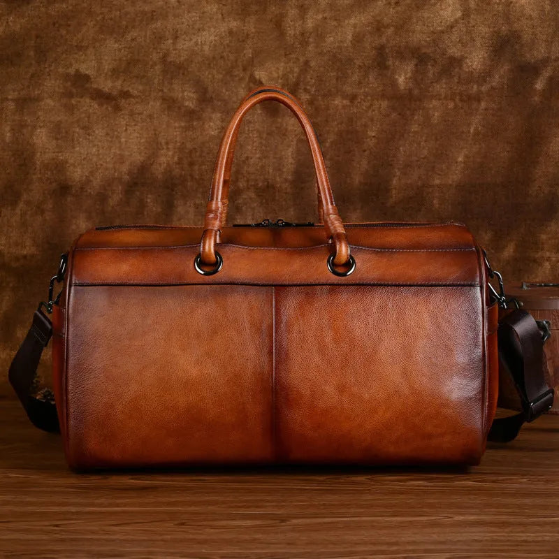 Handmade European retro leather bag in vintage brown with first layer cowhide construction and below 20L capacity