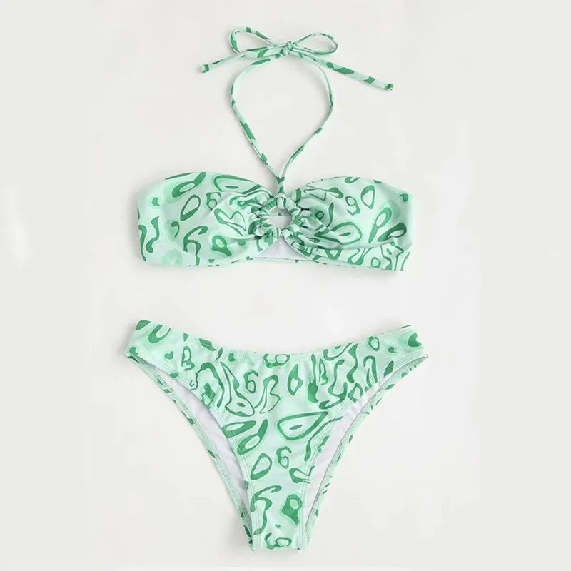 Women's floral print bandeau bikini swimsuit with split style design in blue colour
