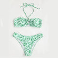 Women's floral print bandeau bikini swimsuit with split style design in blue colour