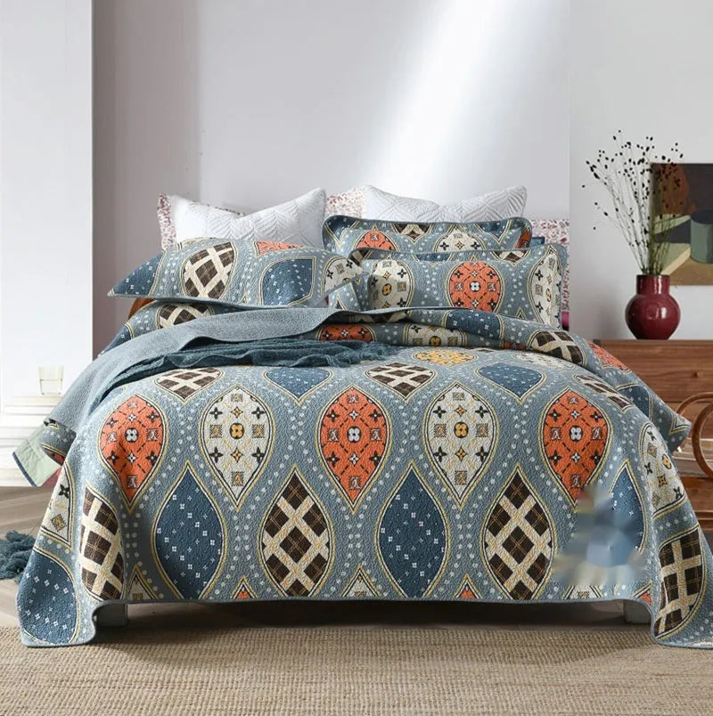 Pure cotton bedspread set with geometric pattern for 1.8 metre double bed