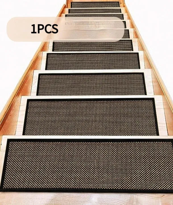 Japanese-style solid colour linen-like stair mat on wooden steps, 20cm by 76cm.
