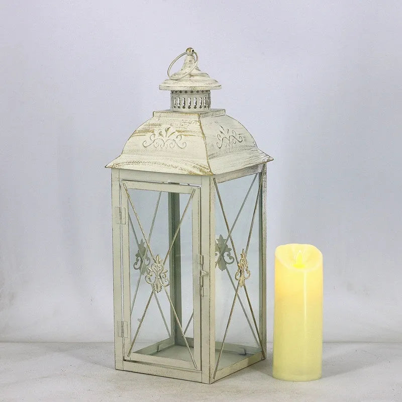 European style wrought iron floor-standing storm lantern with tempered glass panels in black or white finish