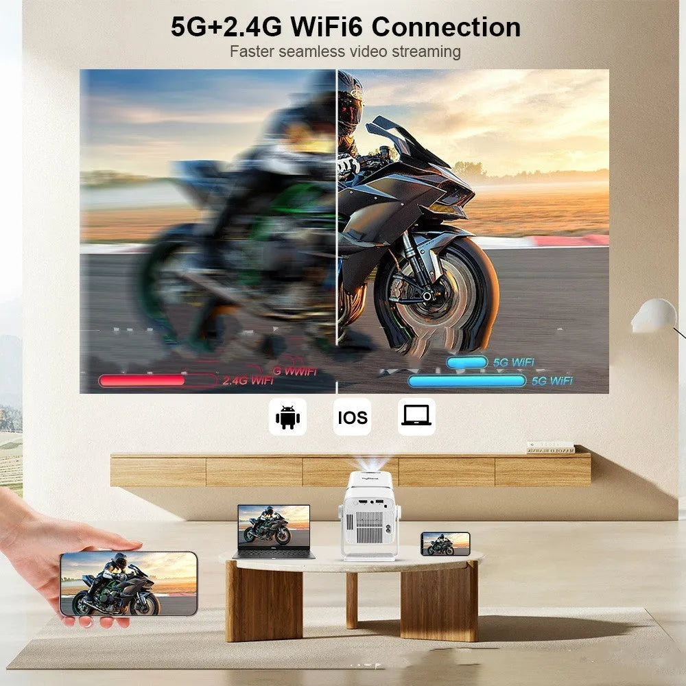 Black portable Full HD projector with Android 13, 11000 lumens, remote control, and power cable on table