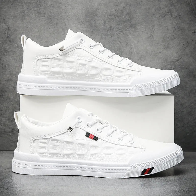 Men's white lace-up casual sneakers with PU leather upper and round toe on a rubber sole.