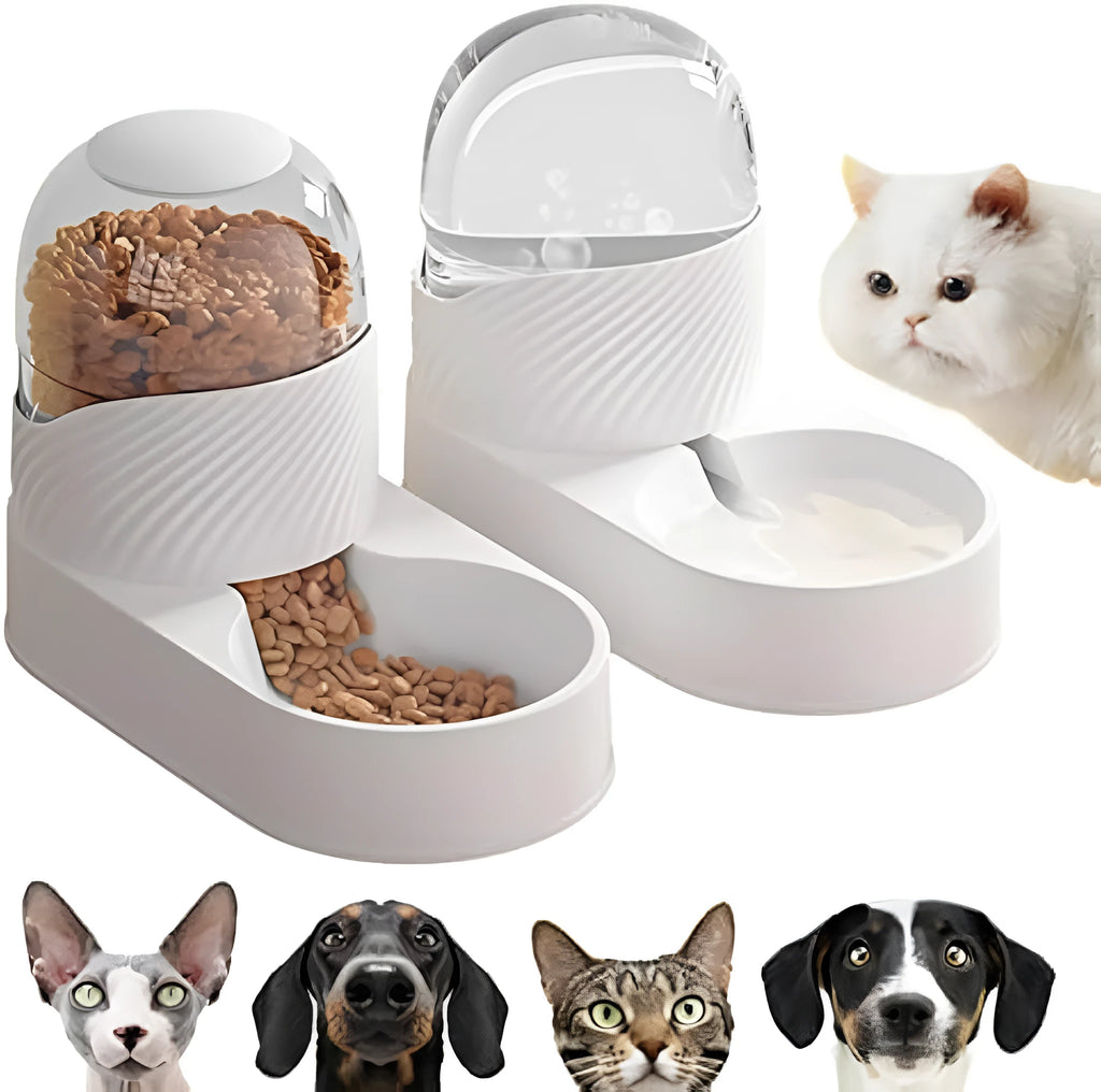 White automatic gravity cat feeder and water dispenser set on a floor.